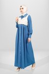 Saks Mavi Düğmeli Yelek Detaylı Tesettür Elbise