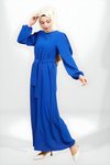 Saks Mavi Kuşaklı Pilikaşe Kol Detaylı Tesettür Elbise