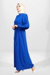 Saks Mavi Kuşaklı Pilikaşe Kol Detaylı Tesettür Elbise