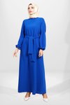 Saks Mavi Kuşaklı Pilikaşe Kol Detaylı Tesettür Elbise