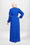 Saks Mavi Kuşaklı Pilikaşe Kol Detaylı Tesettür Elbise