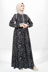 Siyah Çiçek Desenli Üstü Kapama Detaylı Beli Ayarlanabilir Tesettür Elbise
