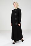 Siyah Çiçek Taş Desenli Tesettür Elbise