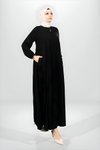 Draped Ornamental Button Detail Abaya - Black