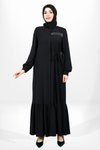 Siyah Fermuarlı Yandan Bağlama Detaylı Büzgülü Ferace