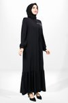 Siyah Fermuarlı Yandan Bağlama Detaylı Büzgülü Ferace