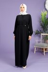 Siyah Kloş Kesim Beli Kemerli Tesettür Elbise