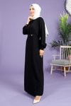 Siyah Kloş Kesim Beli Kemerli Tesettür Elbise