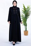Siyah Mısır Kuşaklı Ön Nakış Detaylı Ferace