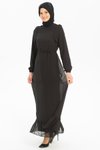 Siyah Nova Omuz Ve Kemeri Taş Detaylı Şifon Tesettür Abiye Elbise