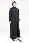 Siyah Omuz Pileli Tesettür Elbise