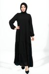 Siyah Tesettür Eteği Fırfırlı Kolu Lastikli Elbise