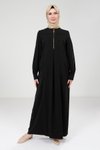 Siyah Tesettür Yakası Fermuarlı Elbise