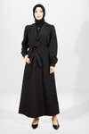 Siyah Uzun Kemerli Trençkot