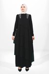 Siyah Volanlı Omzu Taş Detaylı Tesettür Abiye Elbise