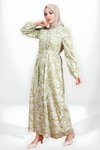 Yeşil Desenli Gömlek Kuşaklı Tesettür Elbise