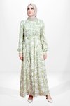 Yeşil Desenli Gömlek Kuşaklı Tesettür Elbise