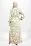 Yeşil Desenli Gömlek Kuşaklı Tesettür Elbise