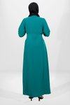 Yeşil Kuşaklı Pilikaşe Kol Detaylı Tesettür Elbise