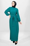 Yeşil Kuşaklı Pilikaşe Kol Detaylı Tesettür Elbise