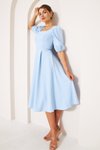 Bebe Mavi Kare Yaka Balon Kol Kısa Midi Dokuma Elbise