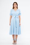 Bebe Mavi Midi Kısa Kol Kruvaze Yaka Kuşaklı Elbise