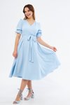 Bebe Mavi Midi Kısa Kol Kruvaze Yaka Kuşaklı Elbise