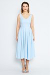 Bebe Mavi Midi Kloş V Yaka Pileli Sırtı Fiyonklu Abiye Elbise
