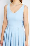 Bebe Mavi Midi Kloş V Yaka Pileli Sırtı Fiyonklu Abiye Elbise
