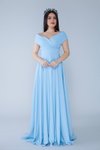 Bebe Mavi Uzun Kayık Kruvaze Yaka Düşük Omuz Abiye Elbise