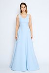 Long Flared V-Neck Evening Dress with Back Bow Detail - Baby Blue