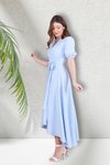 Bebe Mavisi Midi Asimetrik Kesim Kruvaze Yaka Kısa Kol Abiye Elbise