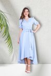 Bebe Mavisi Midi Asimetrik Kesim Kruvaze Yaka Kısa Kol Abiye Elbise