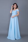 Bebe Mavisi Uzun Askılı Kloş Düşük Omuz Nişan Abiye