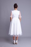 Beyaz Midi V Yaka Kısa Balon Kol İnci Tül Kaplamalı Abiye Elbise