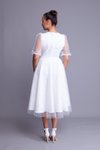Beyaz Midi V Yaka Kısa Balon Kol İnci Tül Kaplamalı Abiye Elbise