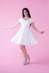 Beyaz Mini Kloş Dökümlü Kayık Yaka Pileli Abiye Elbise