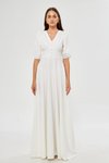 Beyaz Uzun Balon Kol V Yaka Korsaj Kemer Detaylı Abiye Elbise