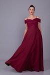 Long Flared Floral Off-the-Shoulder Strappy Evening Dress - Burgundy