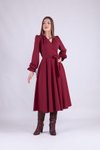 Midi Long Sleeve Wrap Neck Dress - Burgundy