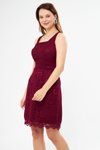 Bordo Mini Geniş Askılı Kare Yaka Fransız Dantel Abiye Elbise