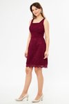 Bordo Mini Geniş Askılı Kare Yaka Fransız Dantel Abiye Elbise