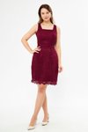 Bordo Mini Geniş Askılı Kare Yaka Fransız Dantel Abiye Elbise