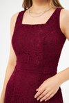 Bordo Mini Geniş Askılı Kare Yaka Fransız Dantel Abiye Elbise
