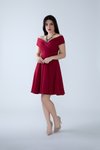 Bordo Mini Kloş Pileli Kayık Yaka Abiye Elbise