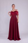 Bordo Uzun Kayık Yaka Püskül Detay Abiye Elbise