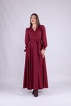Bordo Uzun Kol Kruvaze Yaka Elbise