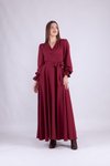 Bordo Uzun Kol Kruvaze Yaka Elbise