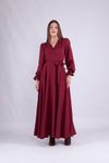 Bordo Uzun Kol Kruvaze Yaka Elbise