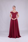 Bordo Uzun Omuz Detay Askılı Abiye Elbise